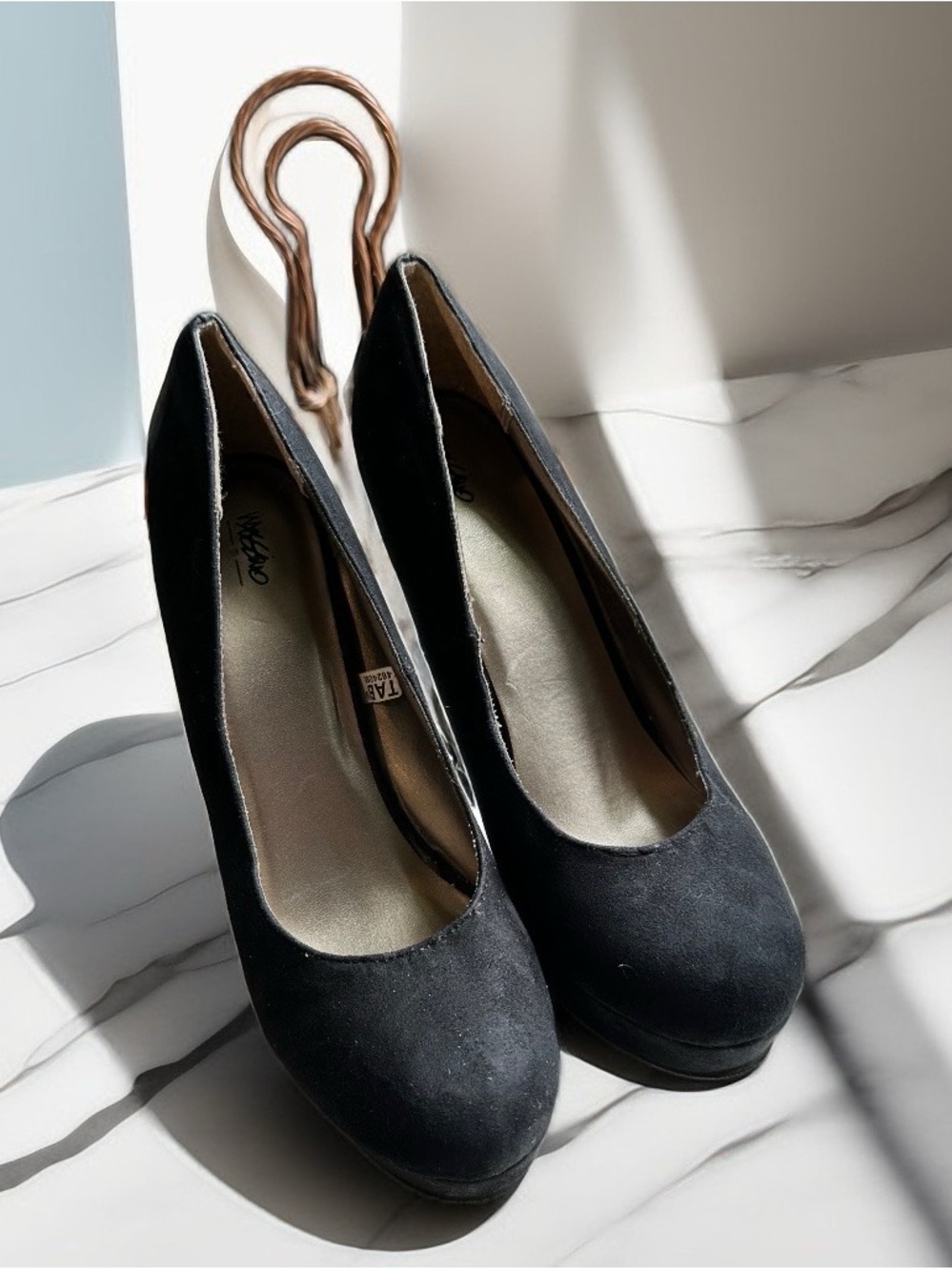 Classic Black Faux Suede Round-Toe Heels